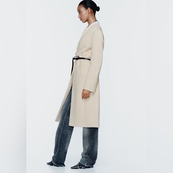 ZARA WOOL BLEND COAT WITH LEATHER BELT - Picture 6 of 10